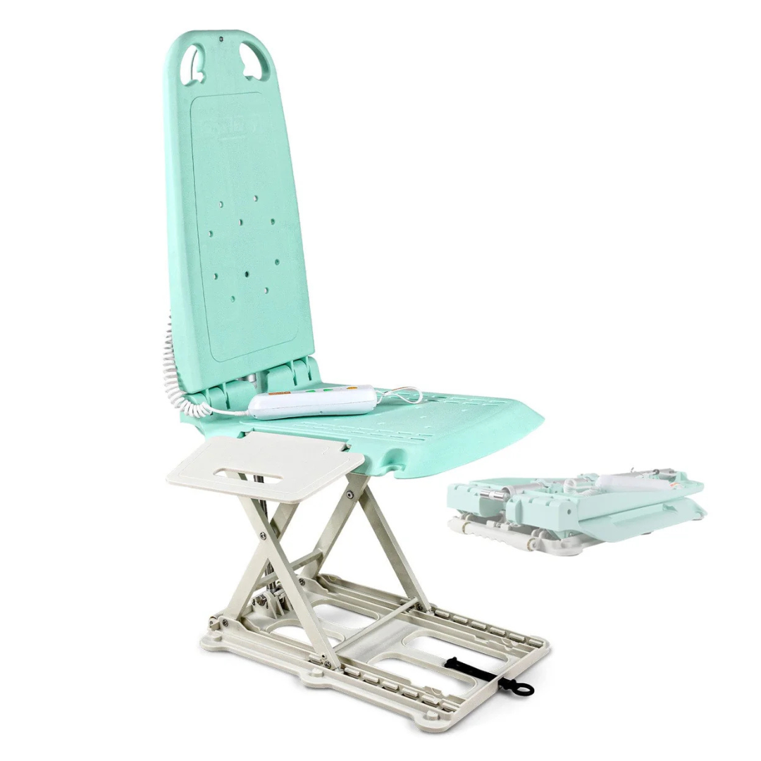 The SuperHandy GoRise LT Portable Waterproof Floor & Bath Lift, in light teal and white, features an adjustable design and a handheld remote. Shown upright and folded on a white background.